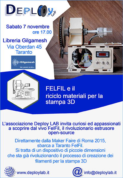 Locandina Riciclo materiali per la stampa 3D - FelFil | Associazione Deploy LAB | Taranto